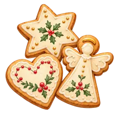 Biscoitos de Natal decorados em forma de estrela, coração e anjo