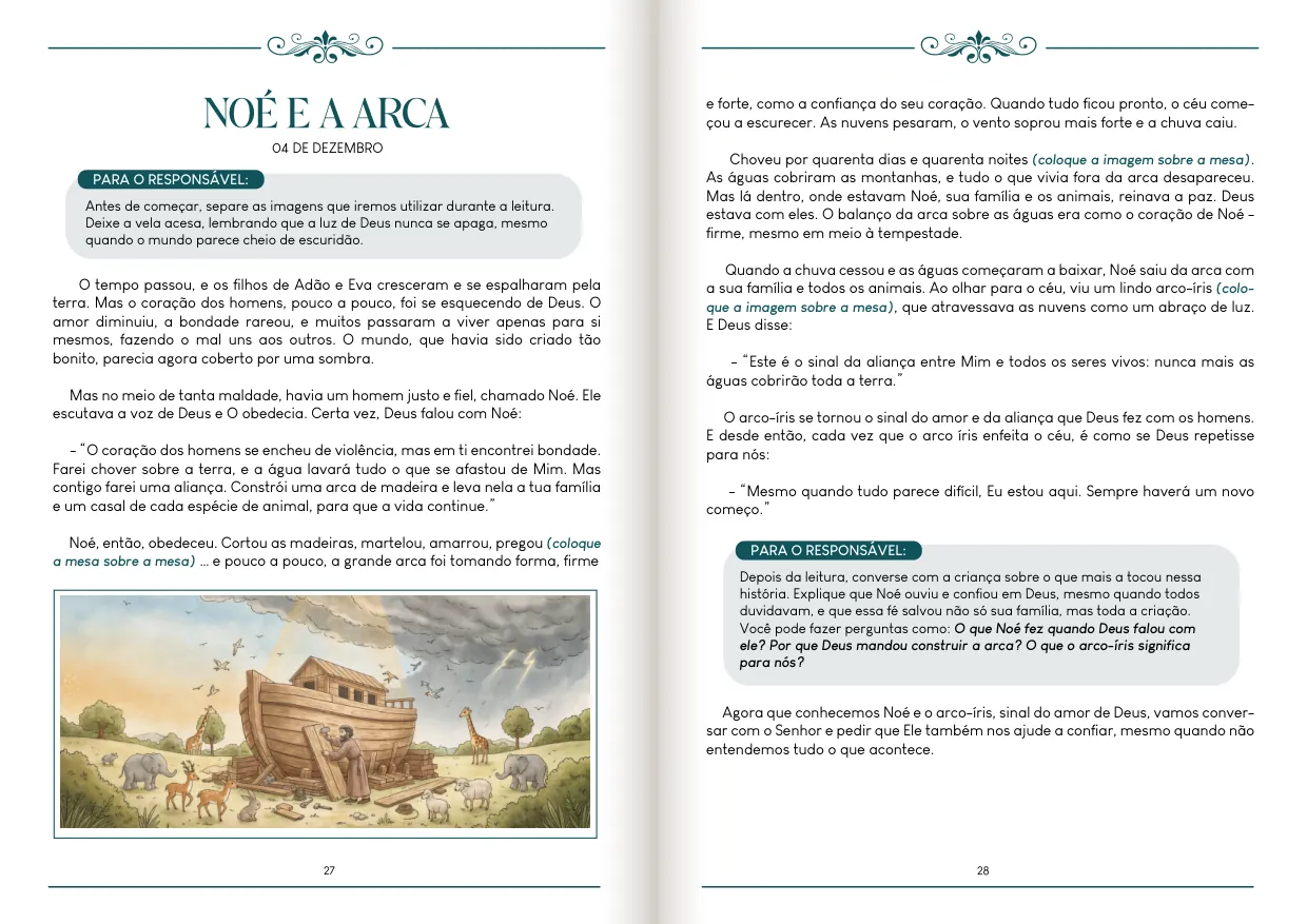 Apostila aberta na história de Noé e a Arca, com ilustração e orientações para os pais